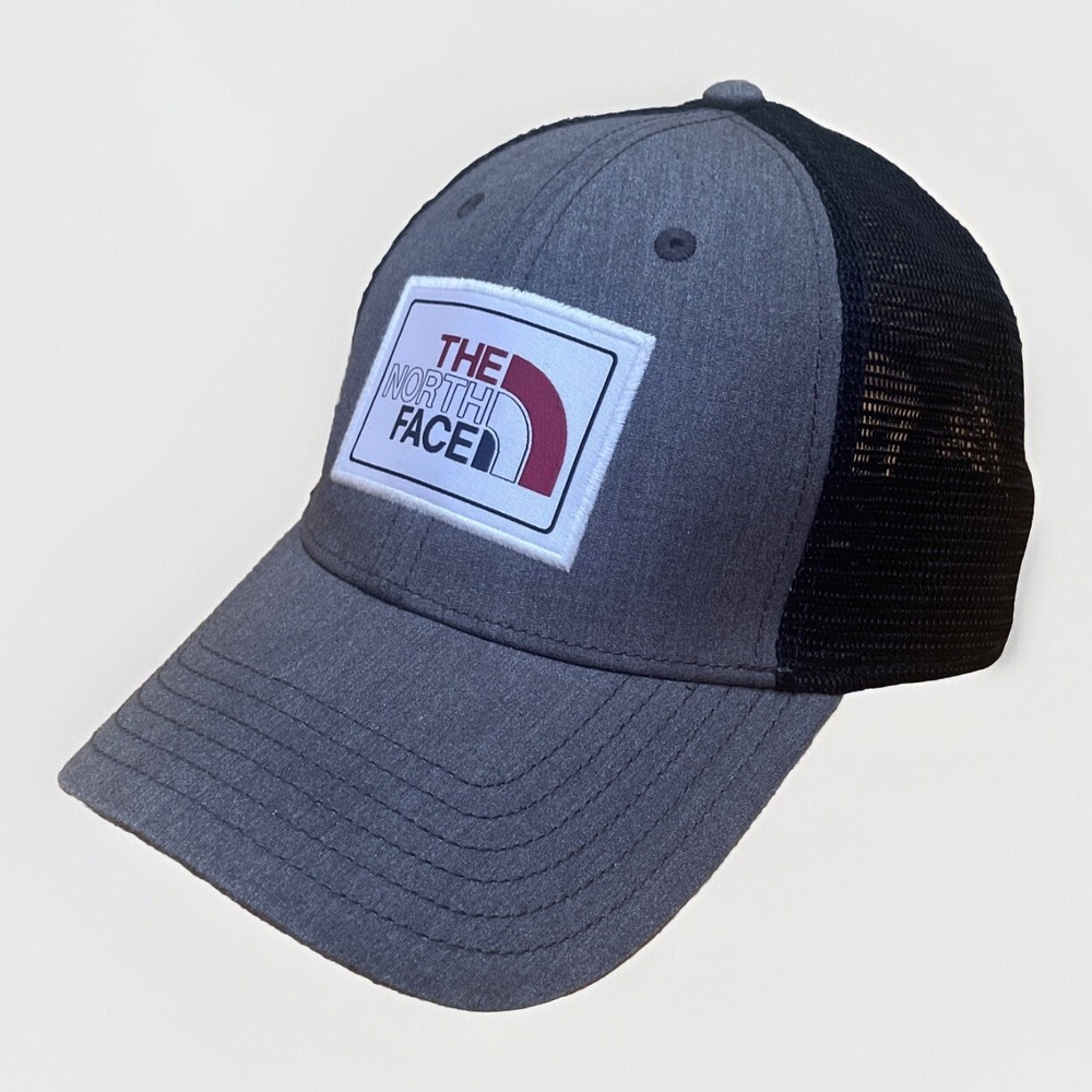 The North Face Mudder Trucker Hat Gray Black Mesh Patch Snapback Adjustable EUC